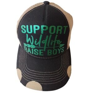 "Support Wildlife Raise Boys" Hat Cap Unisex One Size Beige Black‎ Mesh Distress